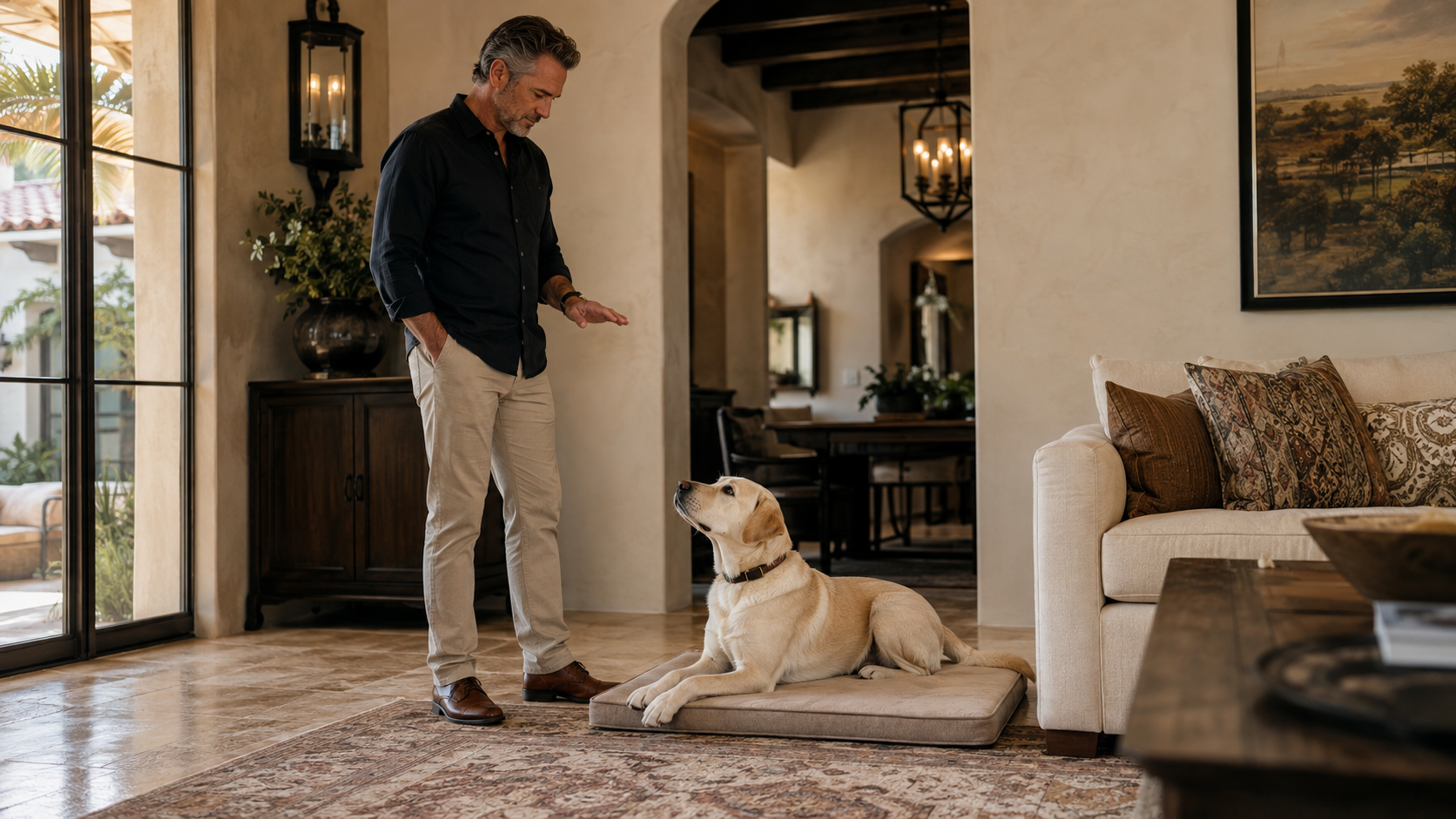 An owner reinforcing calm everyday obedience with a companion dog at home